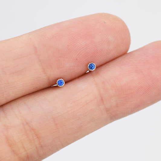 Extra Tiny 2mm Sapphire Blue CZ Stud Earrings in Sterling Silver, Barely Visible CZ Earrings, Stacking Earrings, Extra Small Stud Earrings