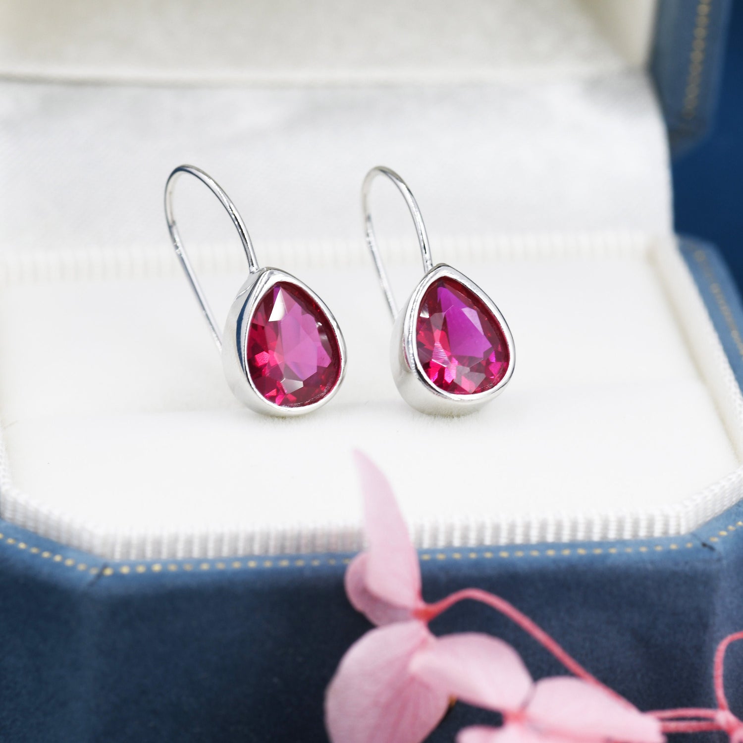 Sterling Silver Ruby Red Red Droplet Drop Earrings in Sterling Silver, Silver or Gold, Chunky Pear Shape Hook Earrings