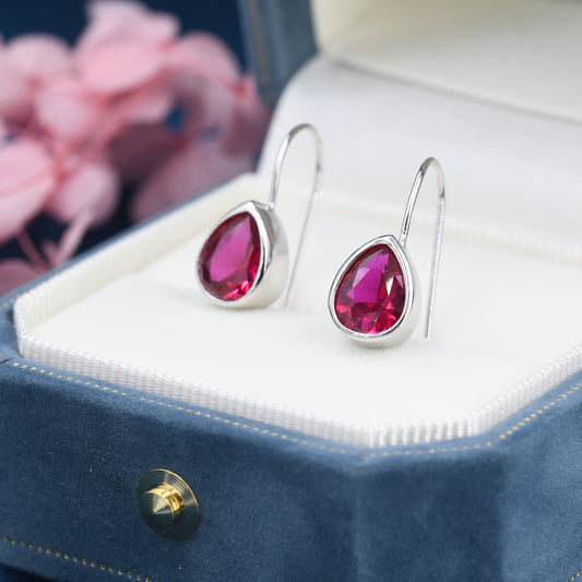 Sterling Silver Ruby Red Red Droplet Drop Earrings in Sterling Silver, Silver or Gold, Chunky Pear Shape Hook Earrings