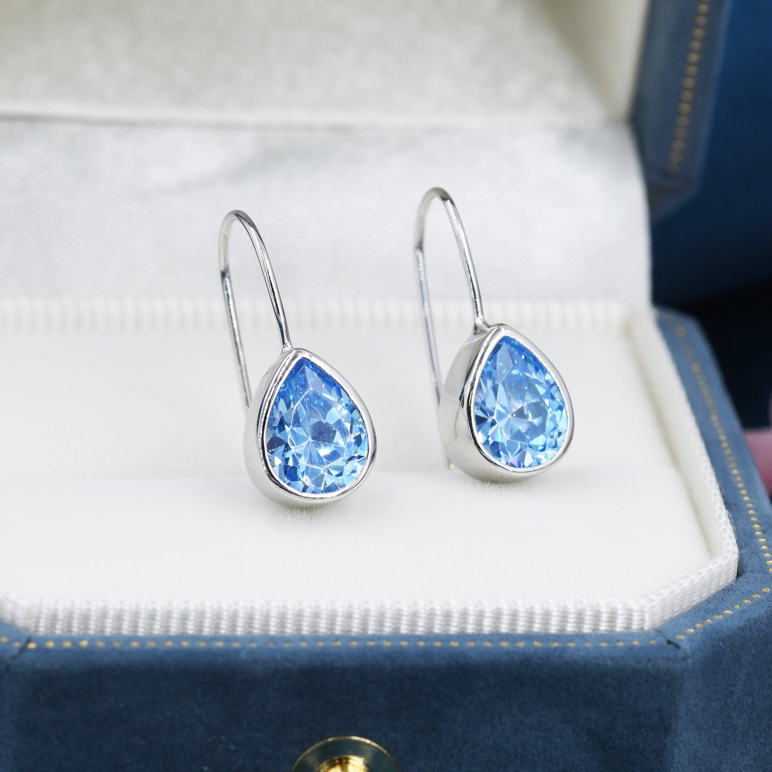 Sterling Silver Aquamarine Blue Droplet Drop Earrings in Sterling Silver, Silver or Gold, Chunky Pear Shape Hook Earrings