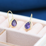 Sterling Silver Amethyst Purple CZ Droplet Drop Earrings in Sterling Silver, Silver or Gold, Chunky Pear Shape Hook Earrings