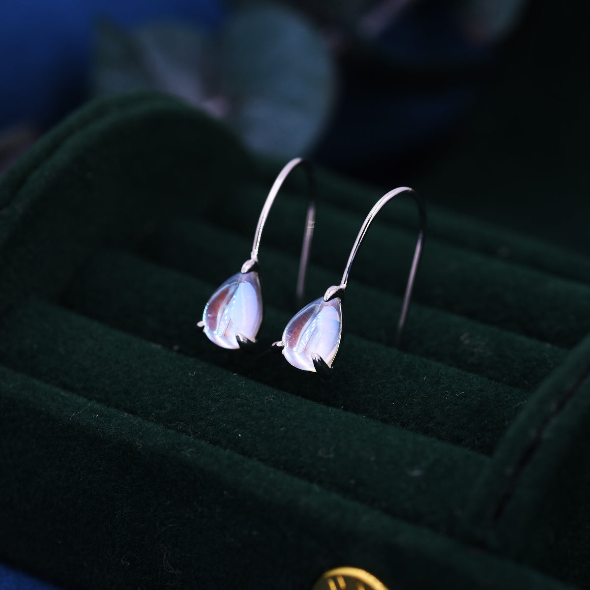 Sterling Silver Simulated Moonstone Droplet Drop Earrings in Sterling Silver, Mermaid Aurora Crystal, Chunky Pear Shape Hook Earrings
