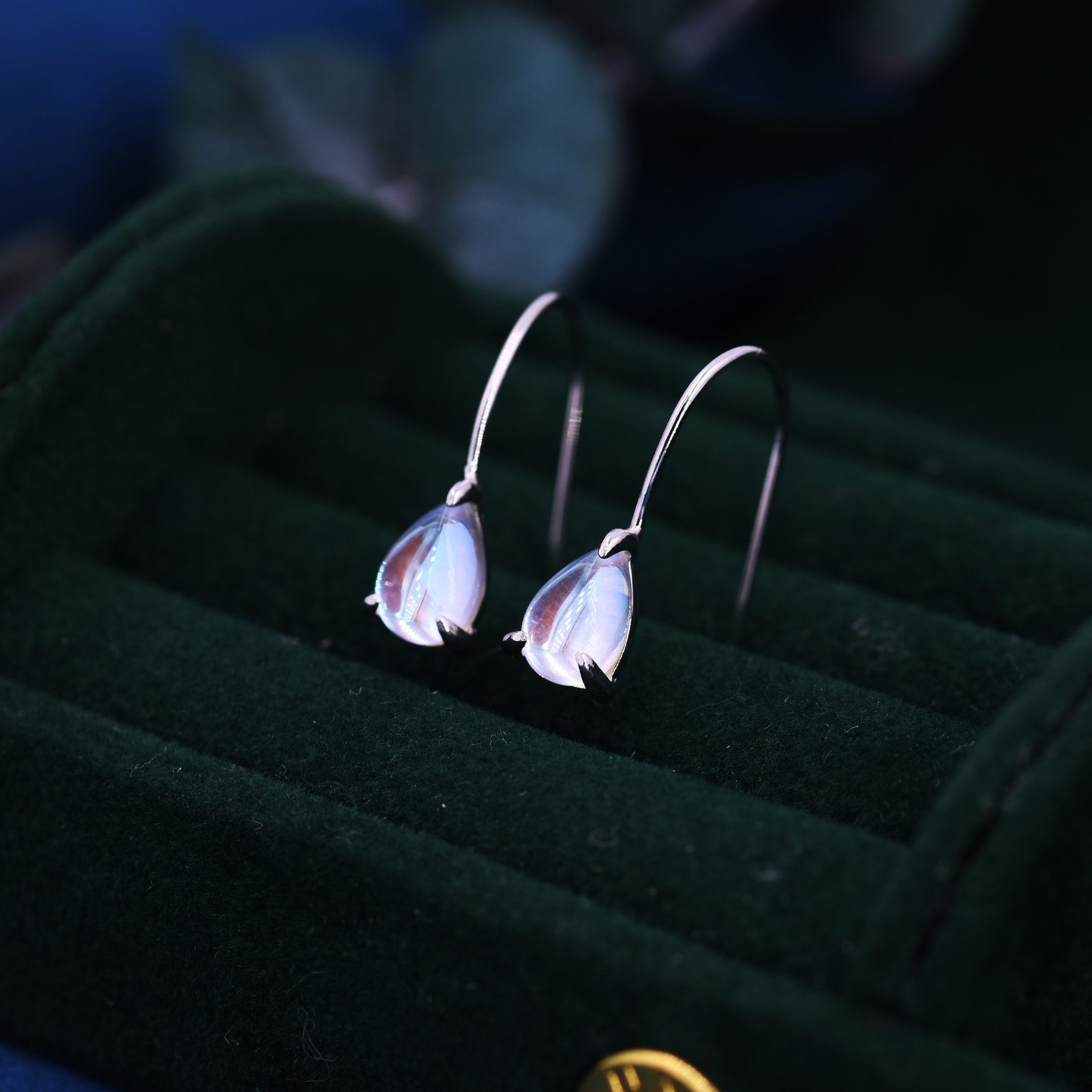 Sterling Silver Simulated Moonstone Droplet Drop Earrings in Sterling Silver, Mermaid Aurora Crystal, Chunky Pear Shape Hook Earrings