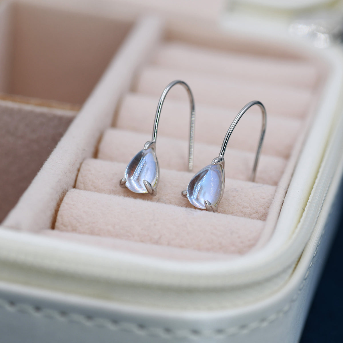 Sterling Silver Simulated Moonstone Droplet Drop Earrings in Sterling Silver, Mermaid Aurora Crystal, Chunky Pear Shape Hook Earrings