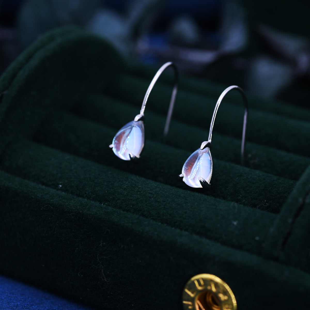 Sterling Silver Simulated Moonstone Droplet Drop Earrings in Sterling Silver, Mermaid Aurora Crystal, Chunky Pear Shape Hook Earrings