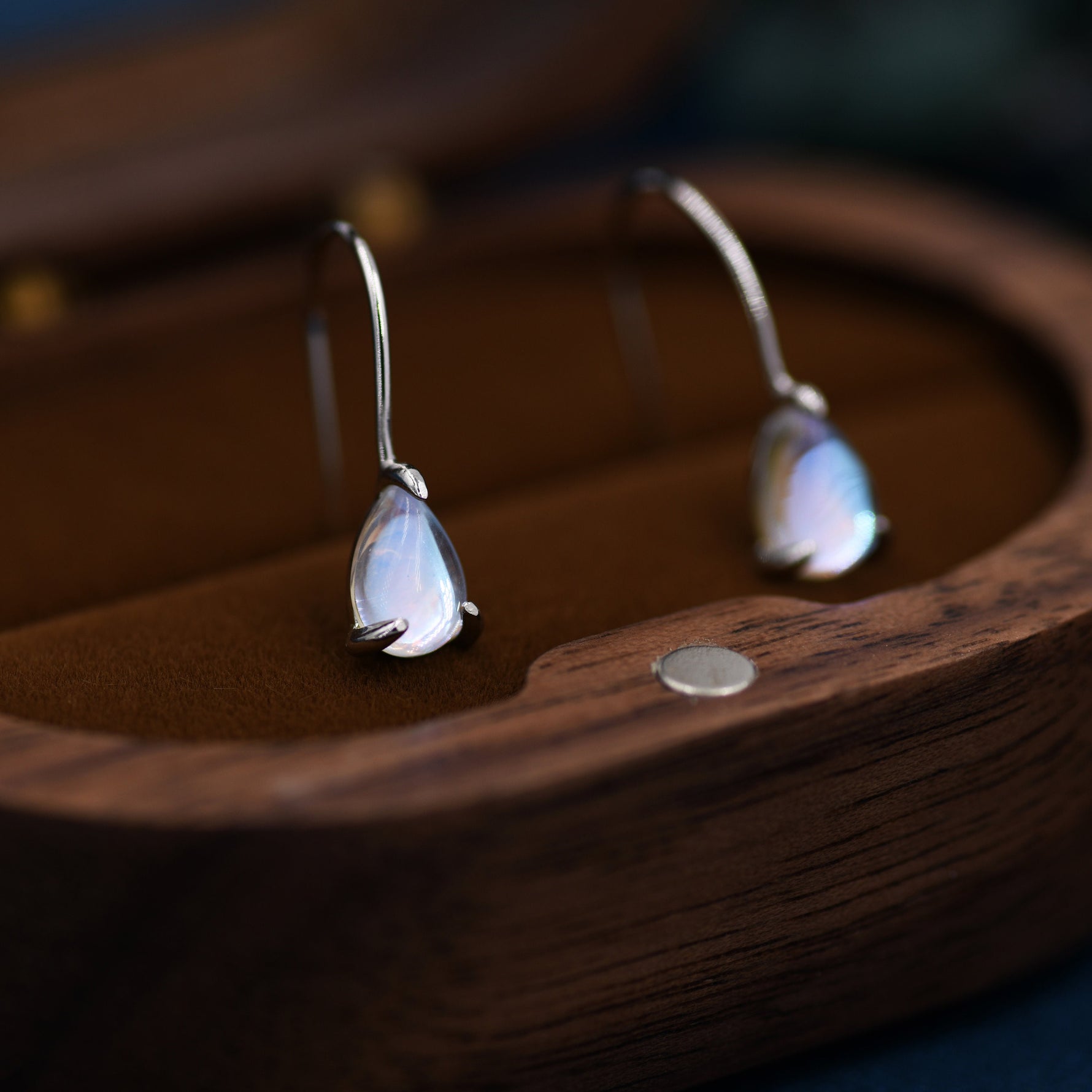 Sterling Silver Simulated Moonstone Droplet Drop Earrings in Sterling Silver, Mermaid Aurora Crystal, Chunky Pear Shape Hook Earrings