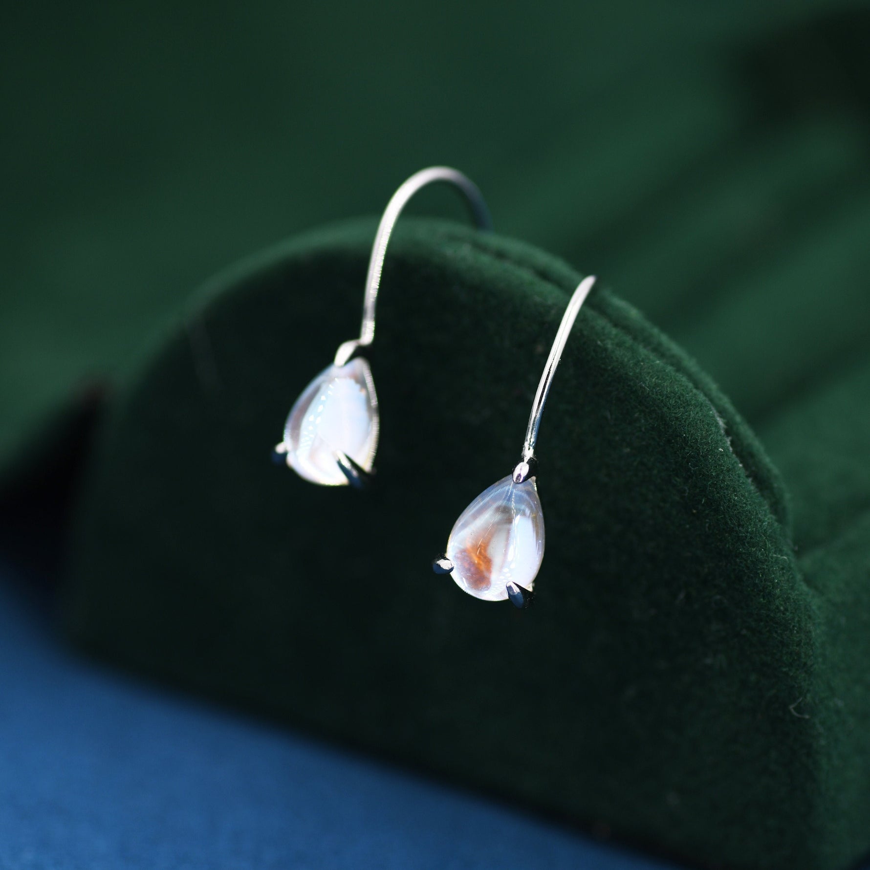 Sterling Silver Simulated Moonstone Droplet Drop Earrings in Sterling Silver, Mermaid Aurora Crystal, Chunky Pear Shape Hook Earrings