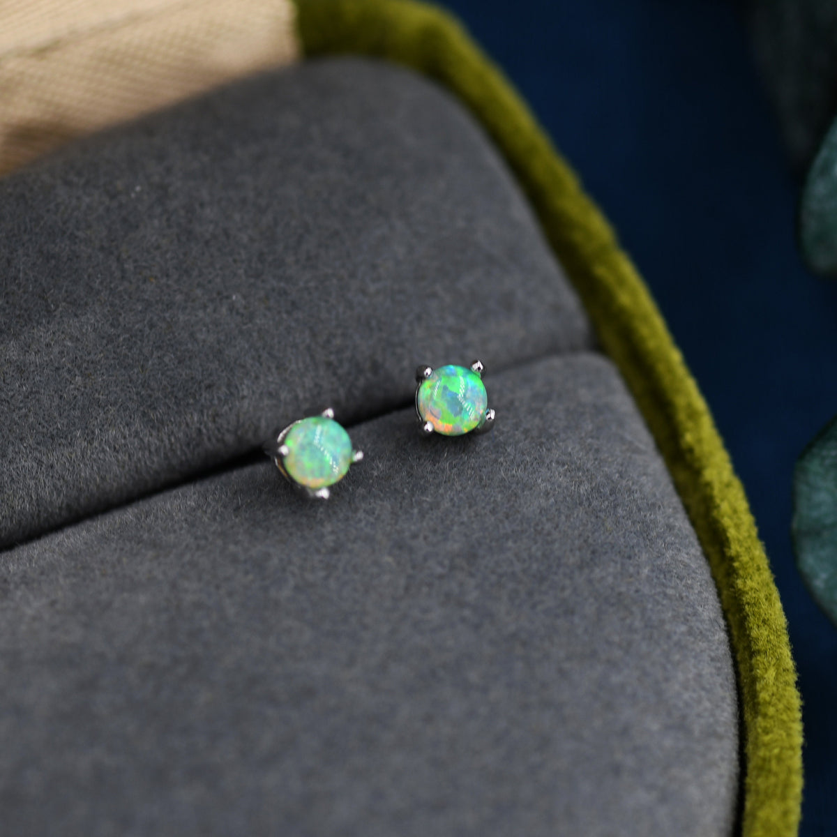 Green Opal Stud Earrings in Sterling Silver - 3 sizes 3mm 4mm 5mm - Lab Opal Stud Earrings - Semi Precious Gemstone