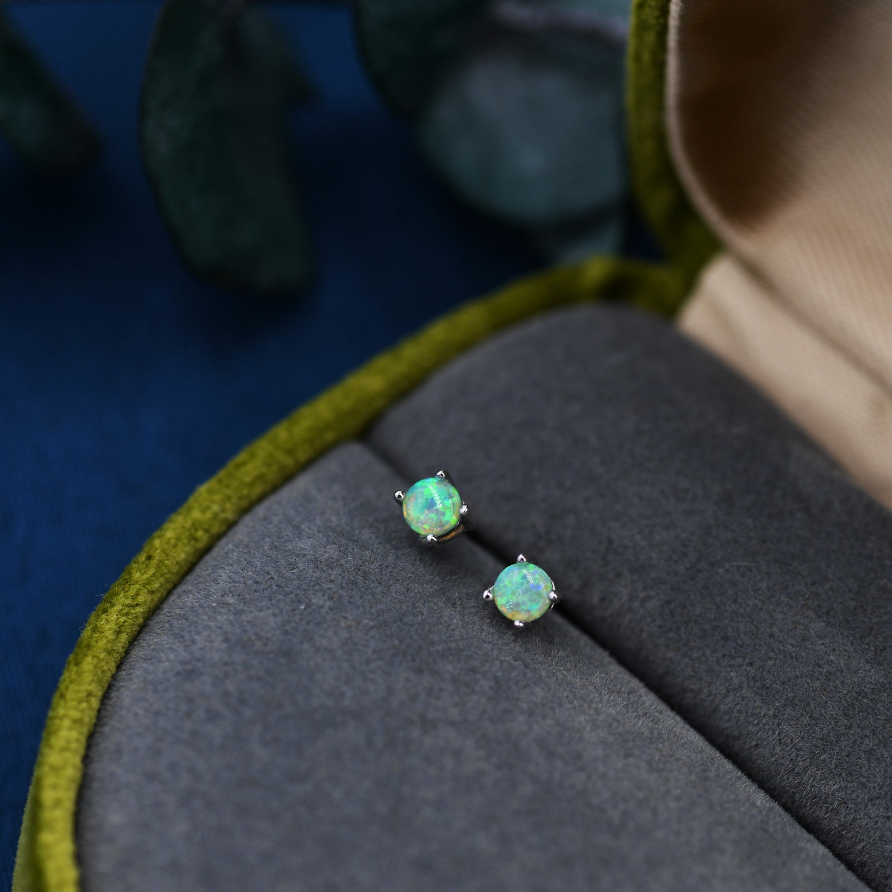 Green Opal Stud Earrings in Sterling Silver - 3 sizes 3mm 4mm 5mm - Lab Opal Stud Earrings - Semi Precious Gemstone