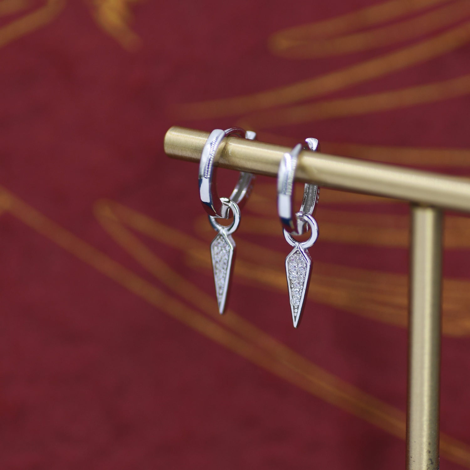Sterling Silver Dangling Rhombus Spike Hoop Earrings, Detachable Kite Charm Dangle Hoop Earrings, Silver or Gold, Interchangeable Charms
