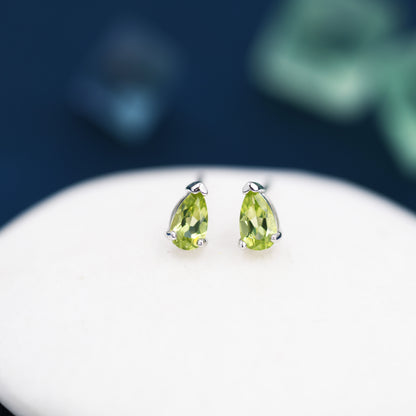 Genuine Peridot Pear Stud Earrings in Sterling Silver, 3x5 mm Droplet Stud Earrings, Tiny Peridot Earrings, August Birthstone