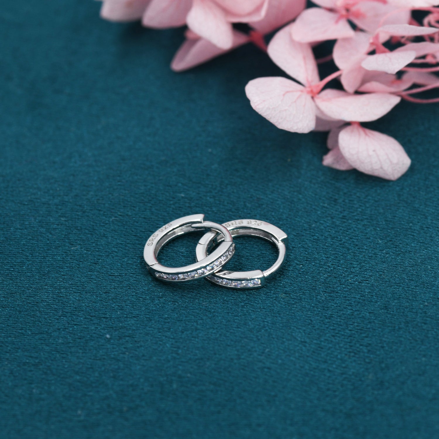 Skinny CZ Crystal Huggie Hoops in Sterling Silver, Silver or Gold or Rose Gold, Minimalist Hoop Earrings, 8mm  and 10mm Hoops
