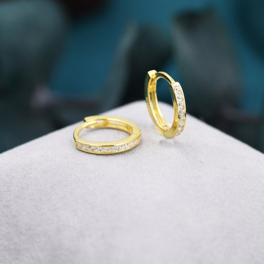 Skinny CZ Crystal Huggie Hoops in Sterling Silver, Silver or Gold or Rose Gold, Minimalist Hoop Earrings, 8mm  and 10mm Hoops