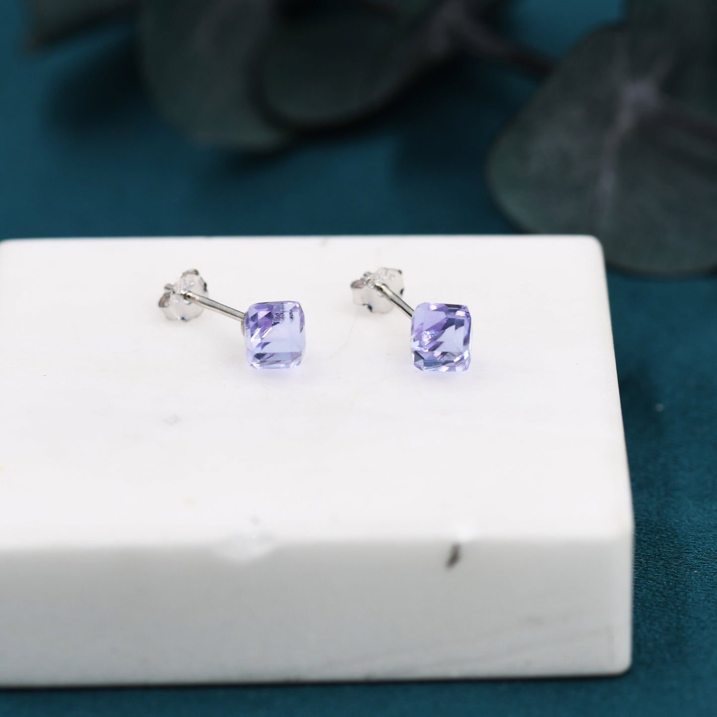 3D Lilac Purple Crystal Cube Stud Earrings in Sterling Silver, Minimalist Glass Crystal Earrings, Square Earrings