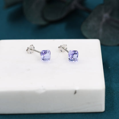 3D Lilac Purple Crystal Cube Stud Earrings in Sterling Silver, Minimalist Glass Crystal Earrings, Square Earrings