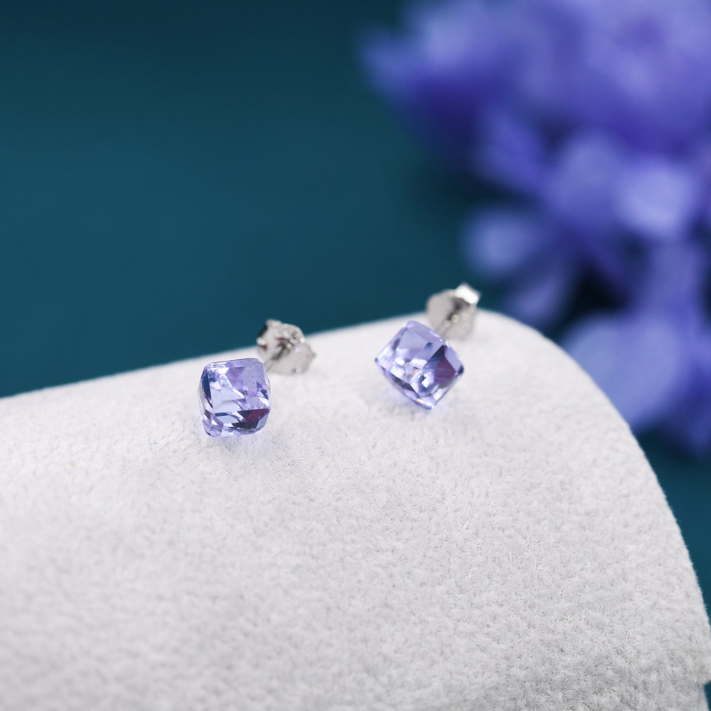 3D Lilac Purple Crystal Cube Stud Earrings in Sterling Silver, Minimalist Glass Crystal Earrings, Square Earrings