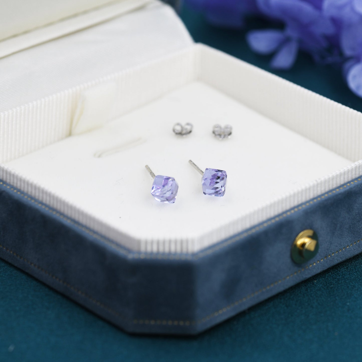 3D Lilac Purple Crystal Cube Stud Earrings in Sterling Silver, Minimalist Glass Crystal Earrings, Square Earrings