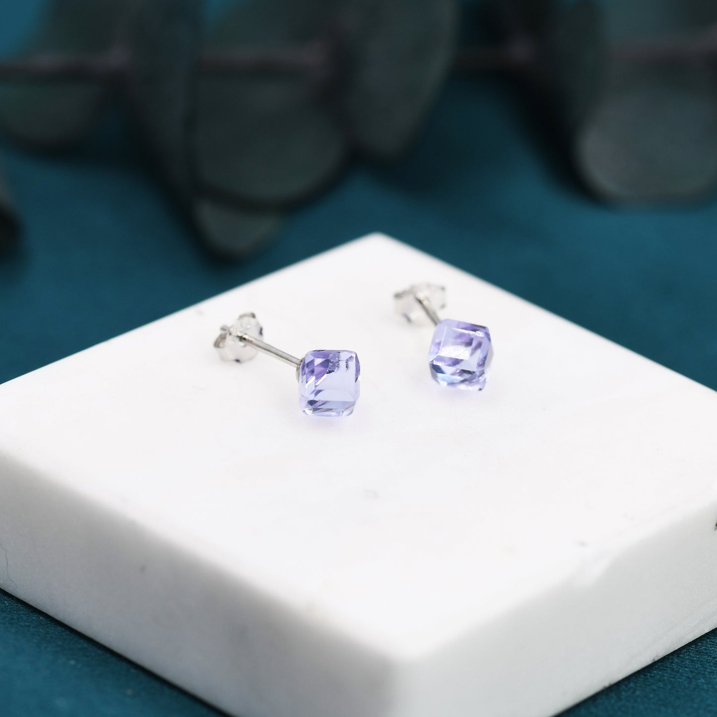 3D Lilac Purple Crystal Cube Stud Earrings in Sterling Silver, Minimalist Glass Crystal Earrings, Square Earrings