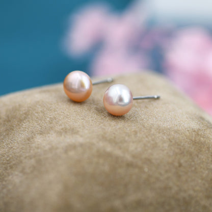 Genuine Purple Pink Pearl Stud Earrings in Sterling Silver, 6mm - 8mm, Small Pearl Stud and Large Pearl Stud, Silver pearl Earrings,