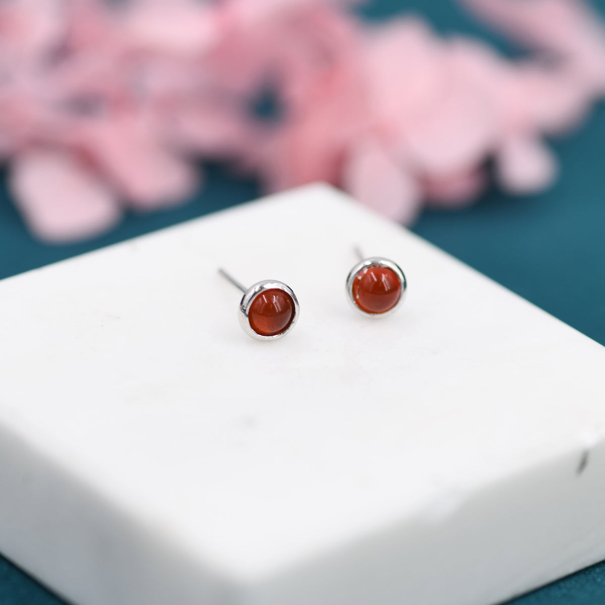 Sterling Silver Red Carnelian Stud Earrings, 4mm Genuine Red Carnelian Stone, Semi-precious Jewellery
