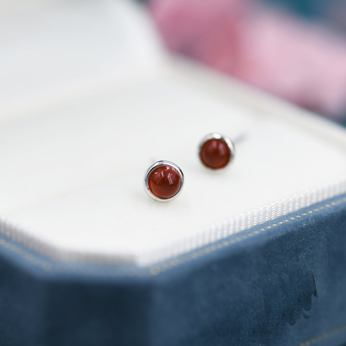 Sterling Silver Red Carnelian Stud Earrings, 4mm Genuine Red Carnelian Stone, Semi-precious Jewellery
