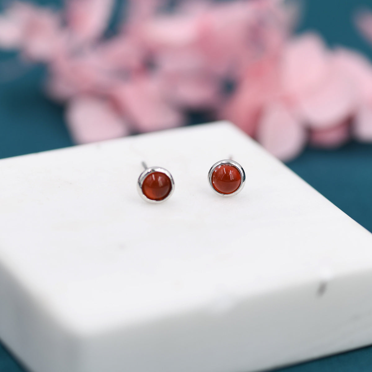Sterling Silver Red Carnelian Stud Earrings, 4mm Genuine Red Carnelian Stone, Semi-precious Jewellery