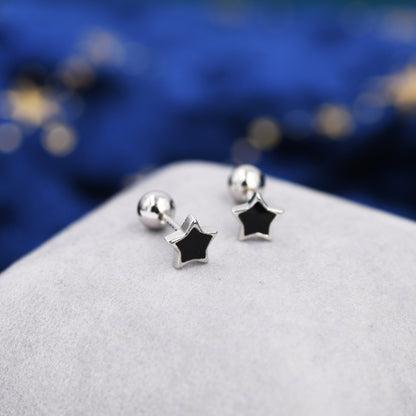 Tiny Black Enamel Star Barbell Earrings in Sterling Silver, Silver or Gold, Screw Back Black Star Earrings, Screwback Earrings