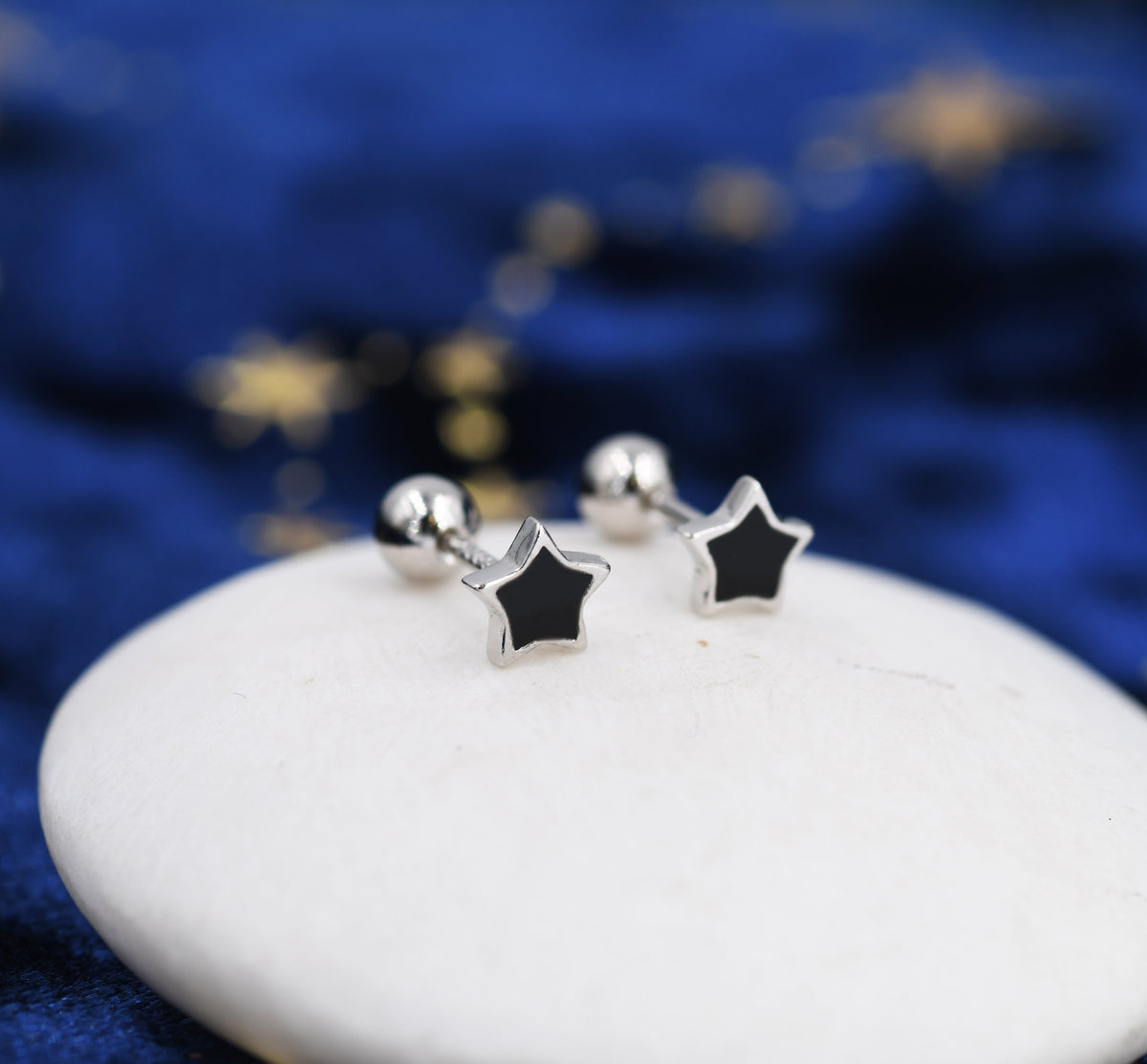 Tiny Black Enamel Star Barbell Earrings in Sterling Silver, Silver or Gold, Screw Back Black Star Earrings, Screwback Earrings