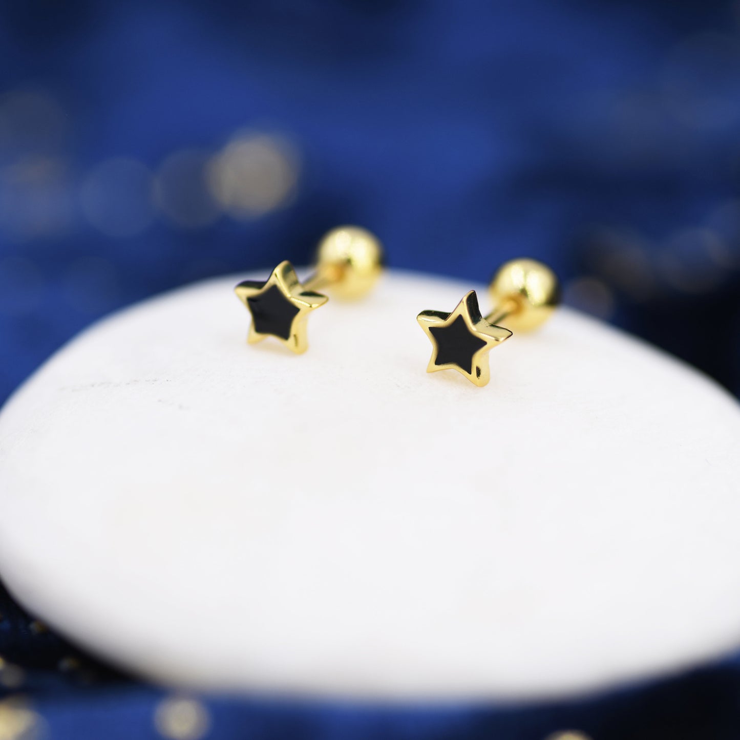 Tiny Black Enamel Star Barbell Earrings in Sterling Silver, Silver or Gold, Screw Back Black Star Earrings, Screwback Earrings