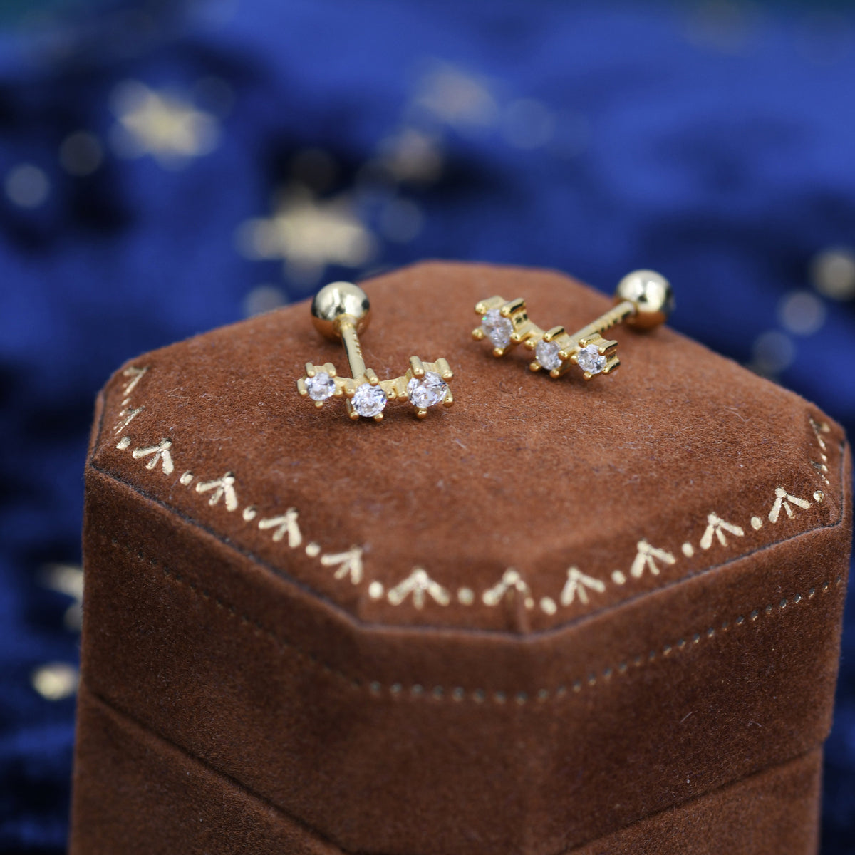 Extra Tiny CZ Trio Screw Back Earrings in Sterling Silver, Silver or Gold, Geometric Tiny Three Star CZ Barbell Earrings, Stacking Earrings