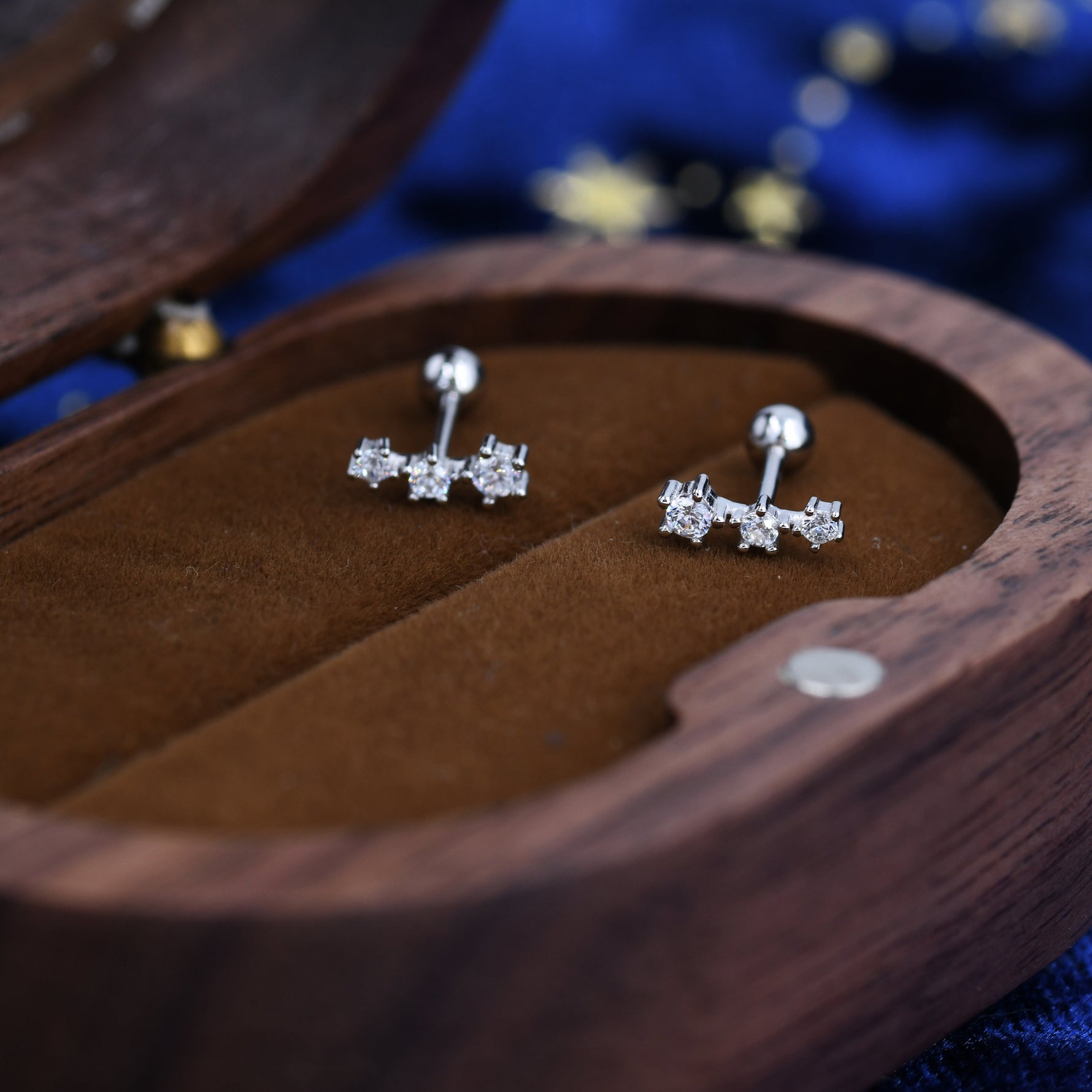 Extra Tiny CZ Trio Screw Back Earrings in Sterling Silver, Silver or Gold, Geometric Tiny Three Star CZ Barbell Earrings, Stacking Earrings