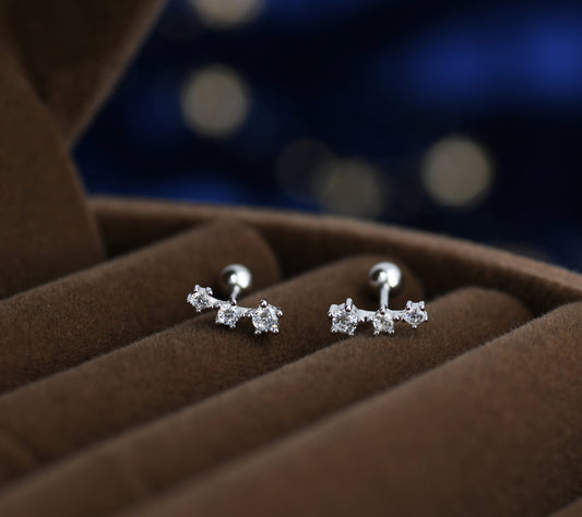 Extra Tiny CZ Trio Screw Back Earrings in Sterling Silver, Silver or Gold, Geometric Tiny Three Star CZ Barbell Earrings, Stacking Earrings