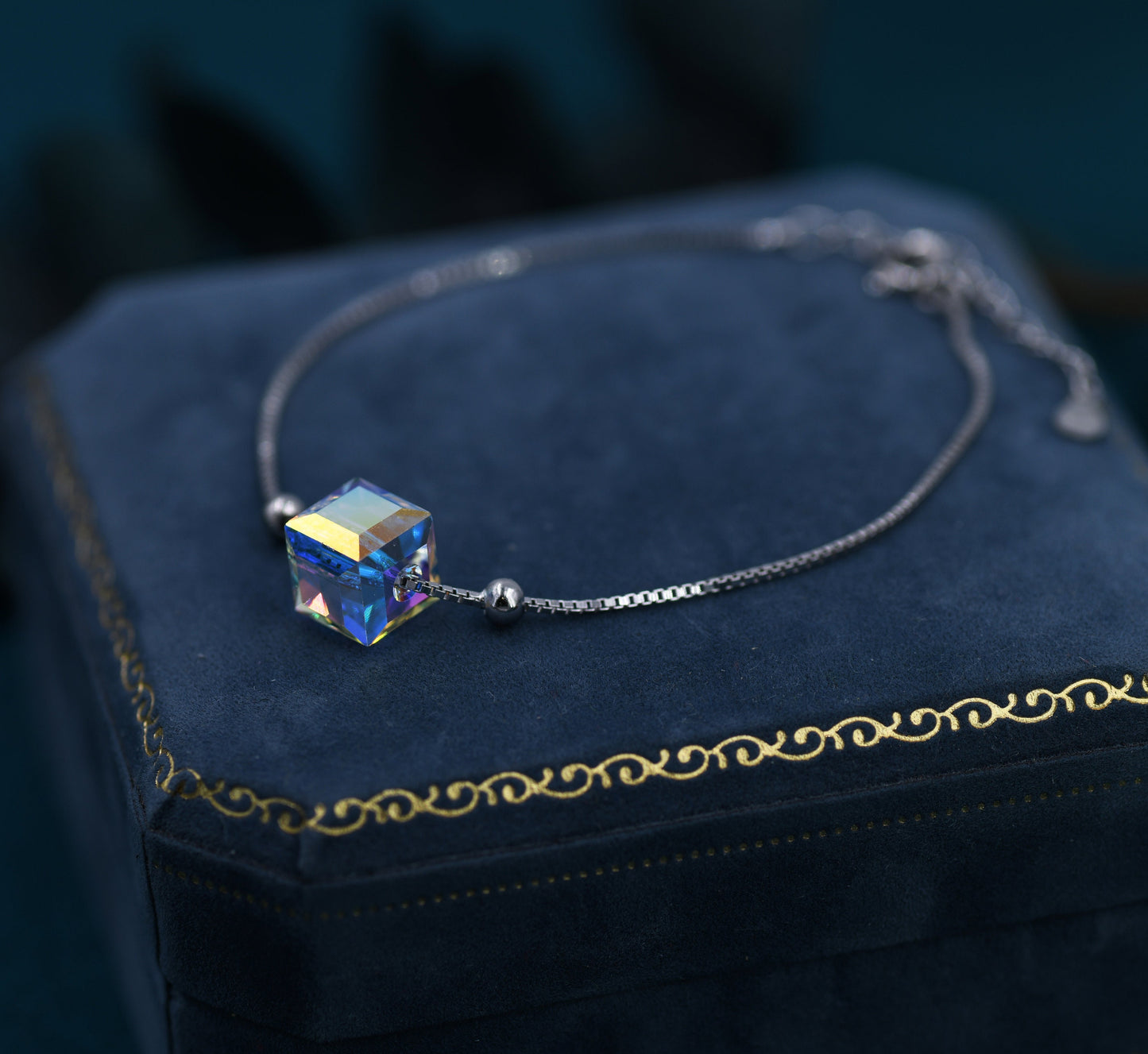 Sterling Silver Aurora Borealis AB Crystal Bracelet, Cube Crystal Bracelet, Sigle Crystal Cube Bracelet, Dainty and Delicate