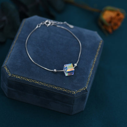 Sterling Silver Aurora Borealis AB Crystal Bracelet, Cube Crystal Bracelet, Sigle Crystal Cube Bracelet, Dainty and Delicate