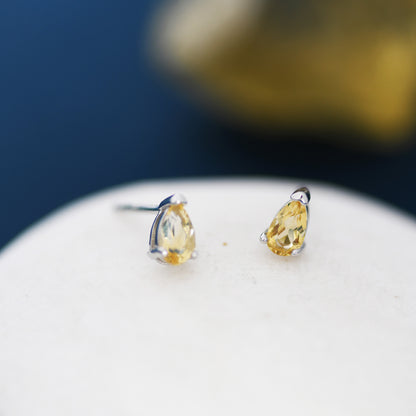 Genuine Citrine Crystal Droplet Stud Earrings in Sterling Silver, Natural Yellow Citrine Pear Shape Stud Earrings, November Birthstone