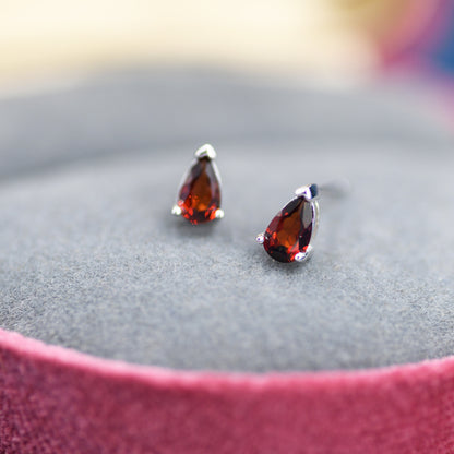 Genuine Garnet Crystal Droplet Stud Earrings in Sterling Silver, Natural Garnet Pear Shape Stud Earrings, January Birthstone