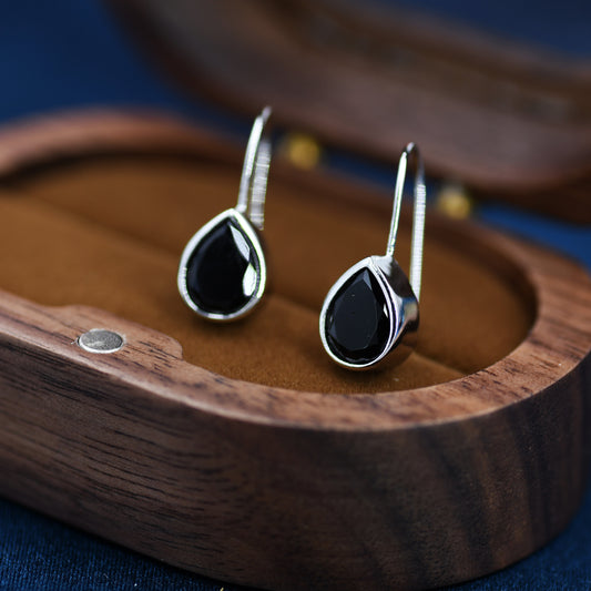 Sterling Silver Onyx Black CZ Droplet Drop Earrings in Sterling Silver, Silver or Gold, Chunky Pear Shape Hook Earrings