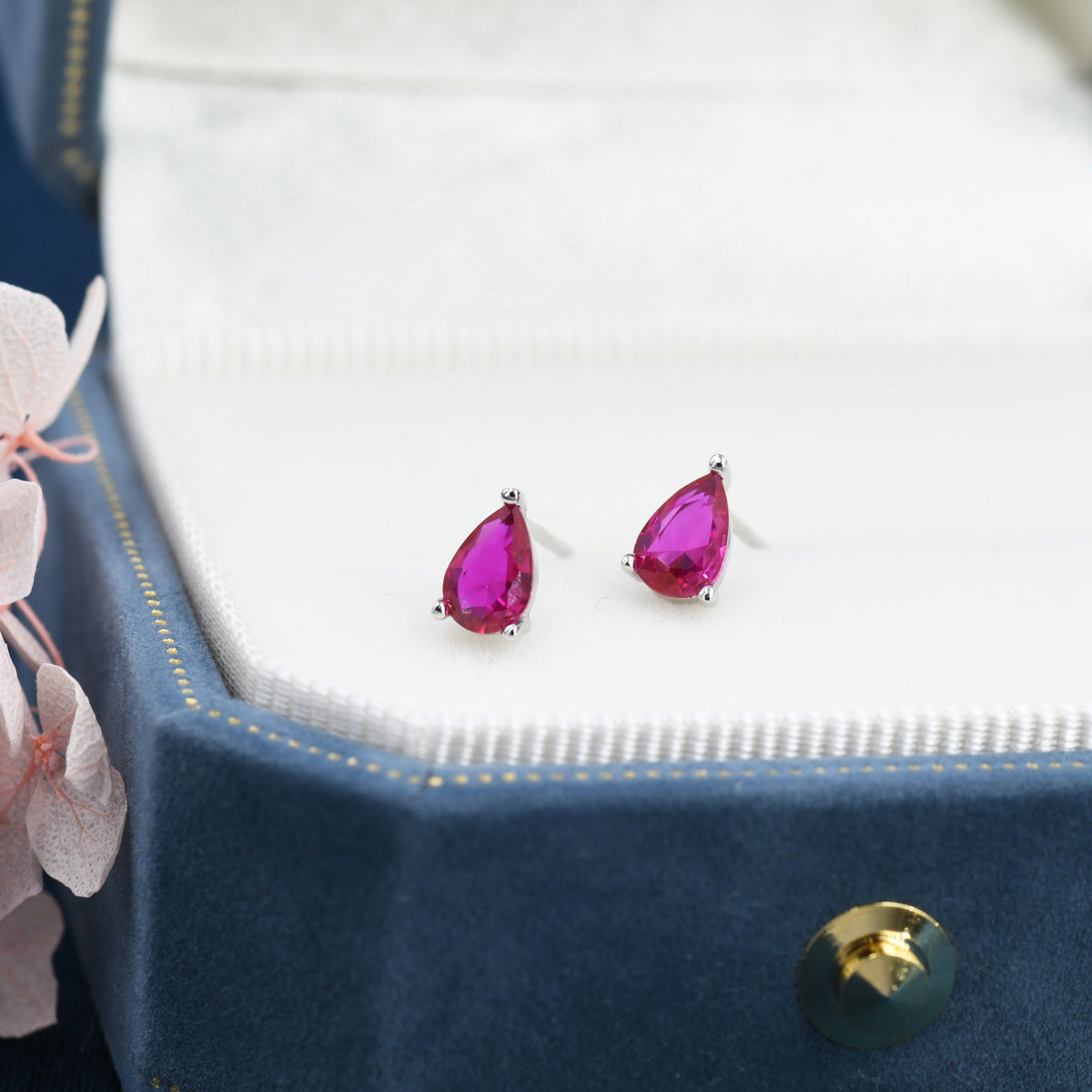 Sterling Silver Ruby Pink Droplet Earrings, Pear Cut Ruby Earrings, July Birthstone CZ Earrings, Silver or Gold