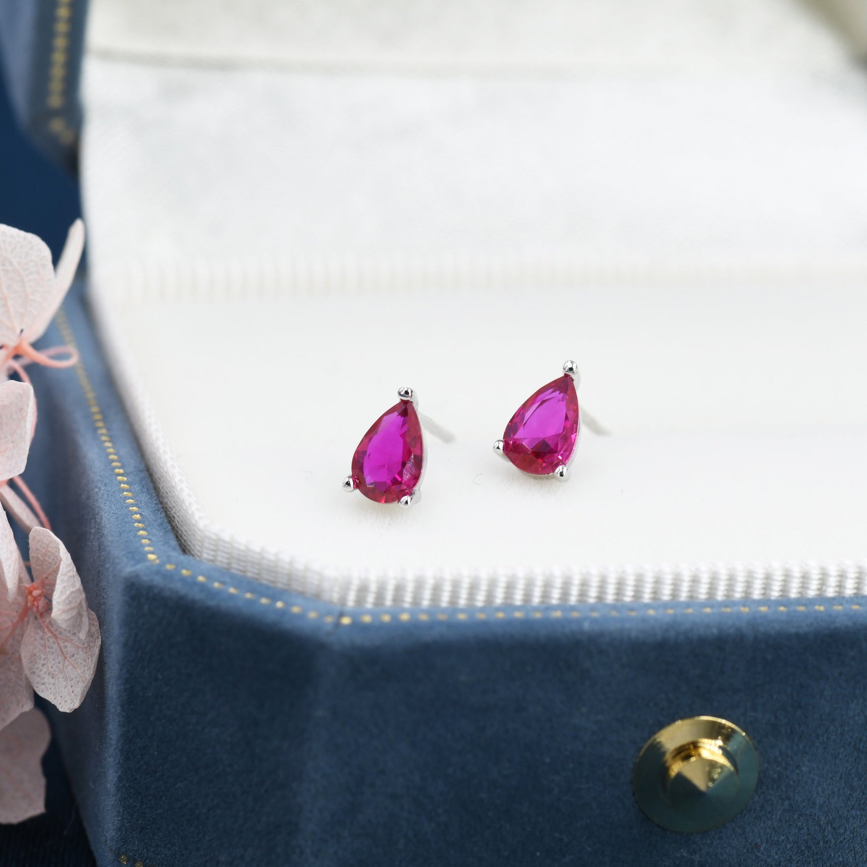 Sterling Silver Ruby Pink Droplet Earrings, Pear Cut Ruby Earrings, July Birthstone CZ Earrings, Silver or Gold