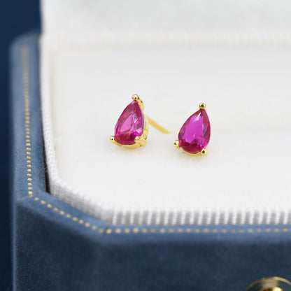 Sterling Silver Ruby Pink Droplet Earrings,  Pear Cut Ruby Earrings, July Birthstone CZ Earrings, Silver or Gold