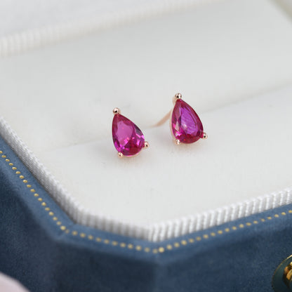 Sterling Silver Ruby Pink Droplet Earrings,  Pear Cut Ruby Earrings, July Birthstone CZ Earrings, Silver or Gold