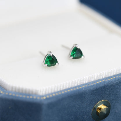 Trillion Cut Emerald Green CZ Stud Earrings in Sterling Silver, Silver or Gold, Cubic Zirconia Crystal Earrings