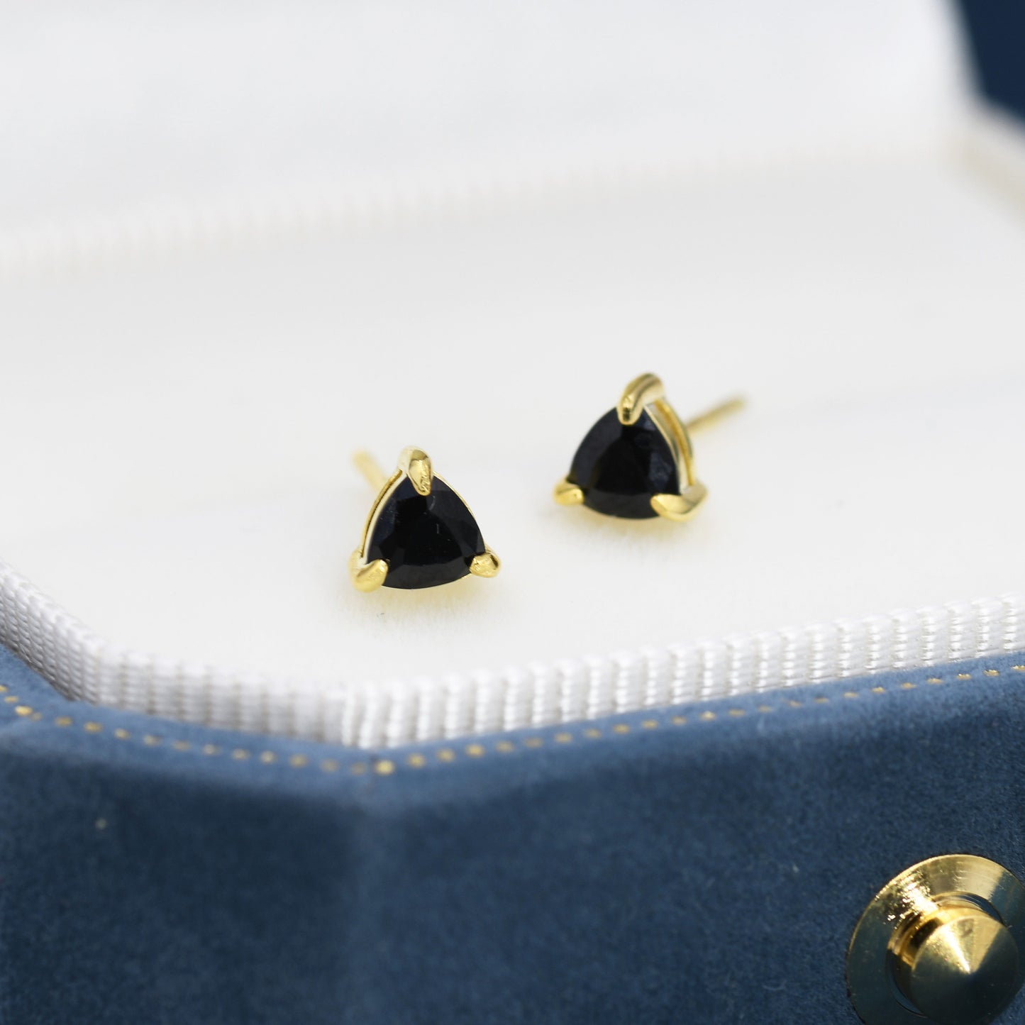 Trillion Cut Onyx Black CZ Stud Earrings in Sterling Silver, Silver or Gold, Black Cubic Zirconia Crystal Earrings