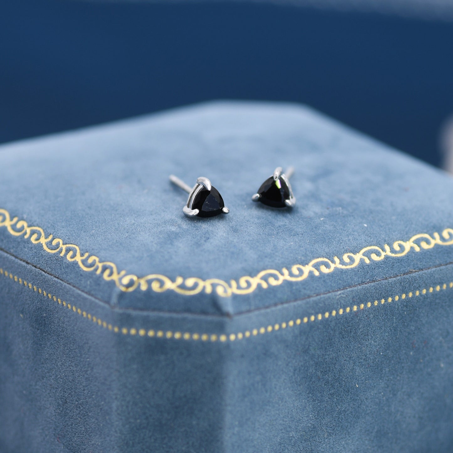 Trillion Cut Onyx Black CZ Stud Earrings in Sterling Silver, Silver or Gold, Black Cubic Zirconia Crystal Earrings