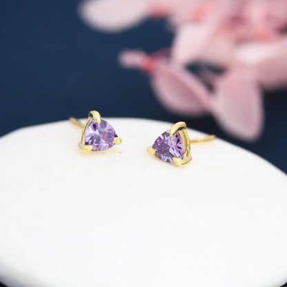 Trillion Cut Amethyst Purple CZ Stud Earrings in Sterling Silver, Silver or Gold, Purple Cubic Zirconia Crystal Earrings, February Earrings