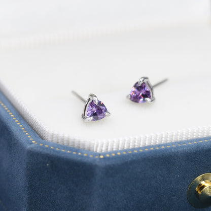 Trillion Cut Amethyst Purple CZ Stud Earrings in Sterling Silver, Silver or Gold, Purple Cubic Zirconia Crystal Earrings, February Earrings