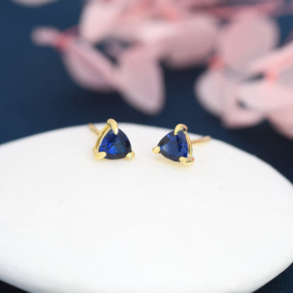 Trillion Cut Sapphire Blue CZ Stud Earrings in Sterling Silver, Silver or Gold, Blue Cubic Zirconia Crystal Earrings, September Earrings