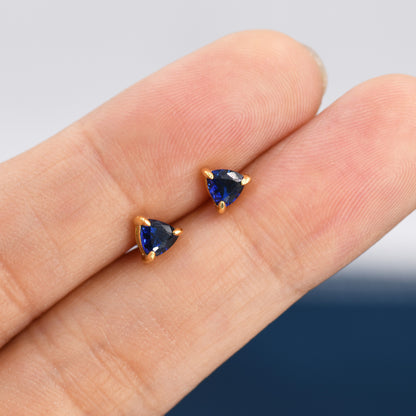 Trillion Cut Sapphire Blue CZ Stud Earrings in Sterling Silver, Silver or Gold, Blue Cubic Zirconia Crystal Earrings, September Earrings