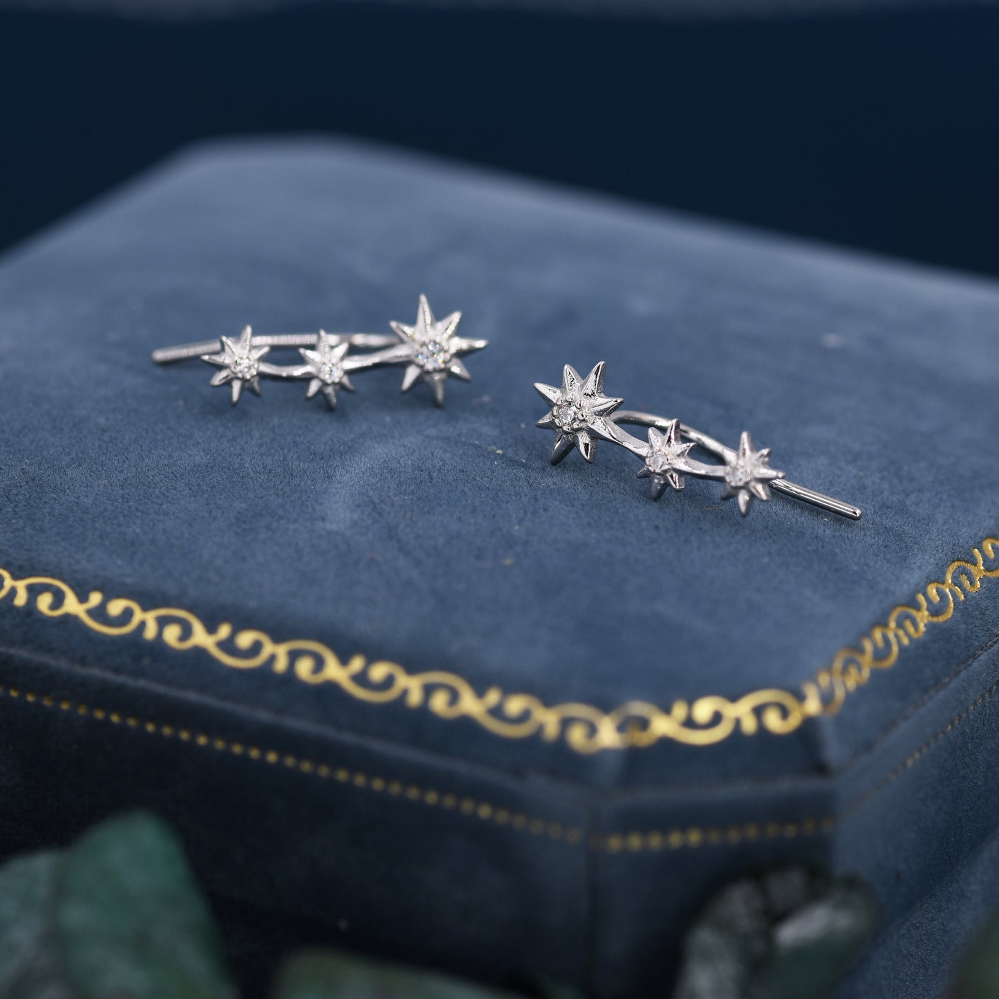 Sterling Silver Starburst Ear Crawler Earrings - Star Crawler Earrings - Silver or Gold - Three Star Earrings - Star Trio Earrings