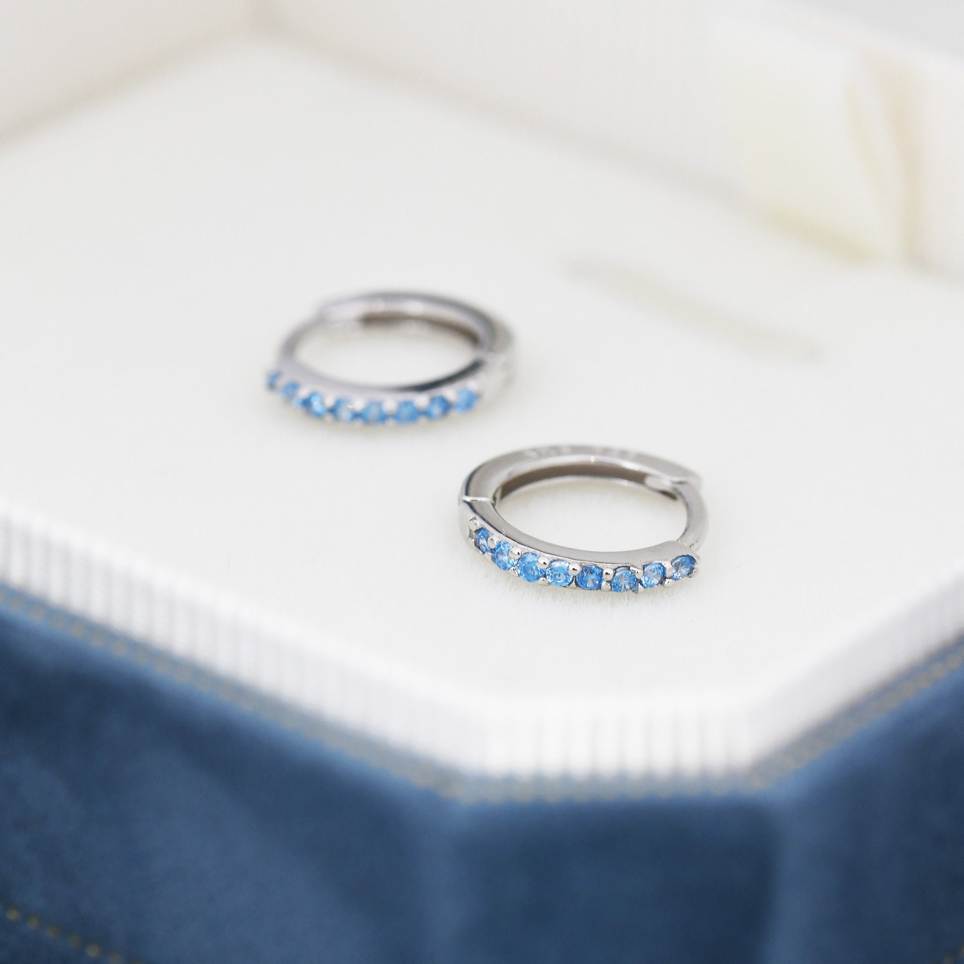 Aquamarine Blue CZ Huggie Hoop in Sterling Silver, 8mm Inner Diameter, Stacking Earrings, March Birthstone